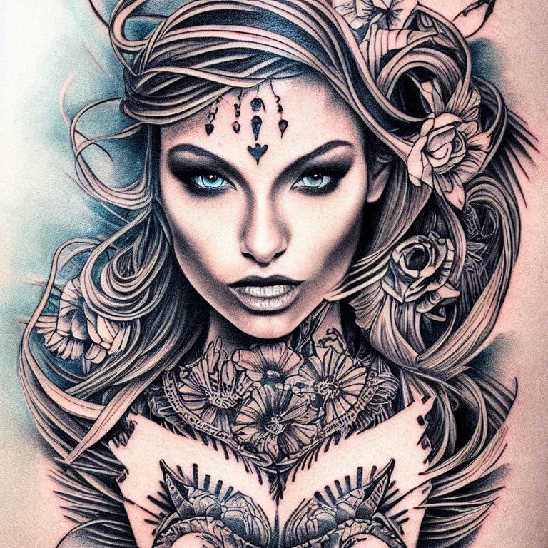 Detailed Tattoo-Style Illustration of Woman with Floral Patterns