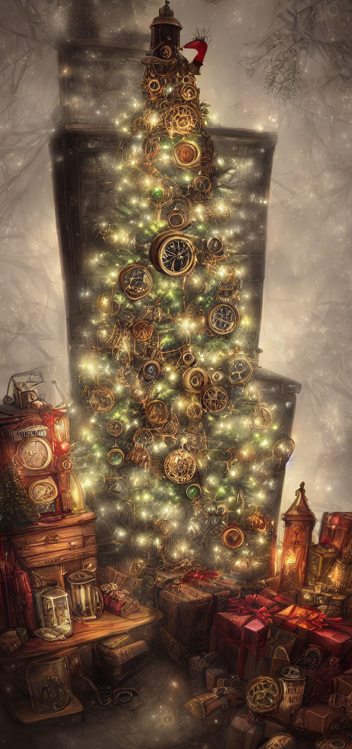 Festive Christmas tree with glowing lights and gift-wrapped presents in snowy setting