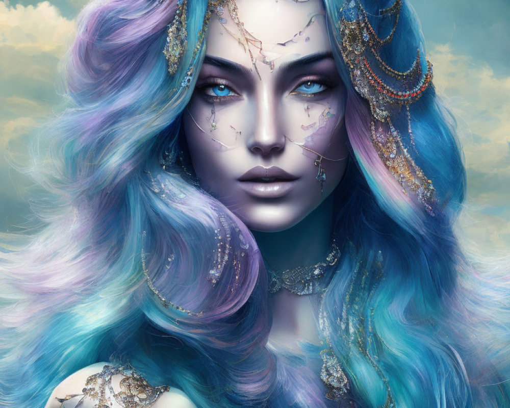 Fantasy portrait of woman with blue ombré hair and gold jewelry under cloudy sky.