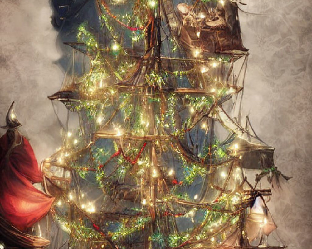 Tall ship with festive lights on moody backdrop