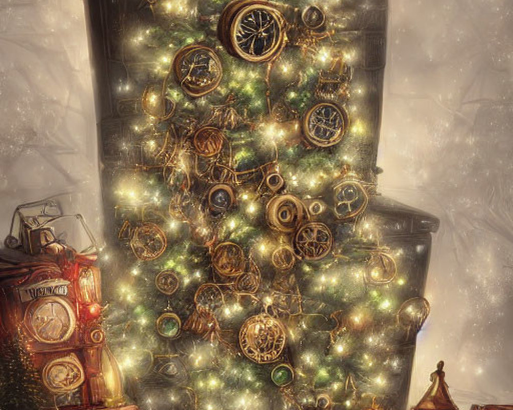 Festive Christmas tree with glowing lights and gift-wrapped presents in snowy setting