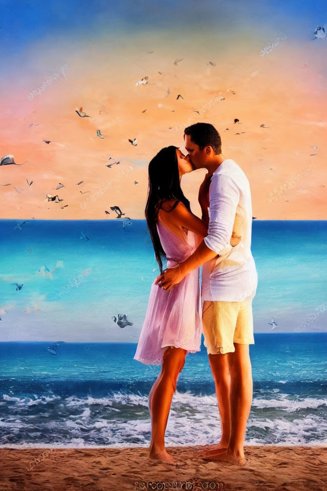 Romantic sunset beach kiss with birds in colorful sky