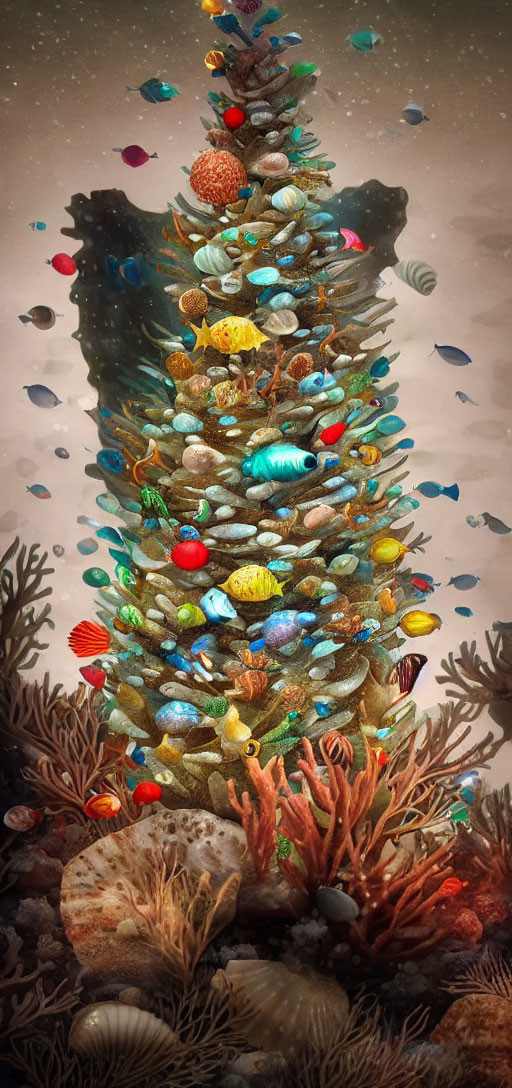 Colorful Marine-Themed Christmas Tree with Sea Creatures and Coral