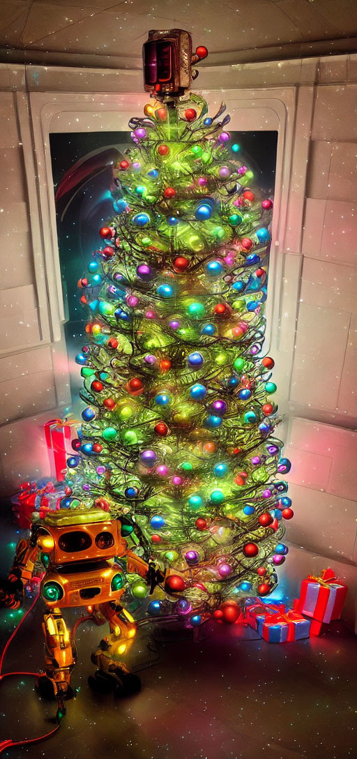 Colorful Christmas tree with lights, ornaments, star, gifts, robot, and spaceship