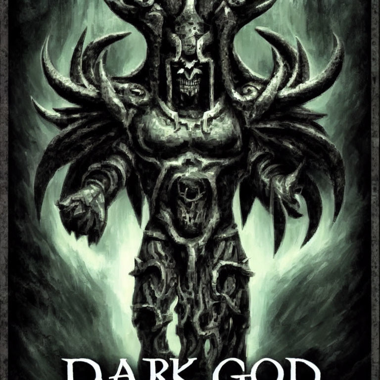 Dark and powerful figure with multiple horns and skull-like features