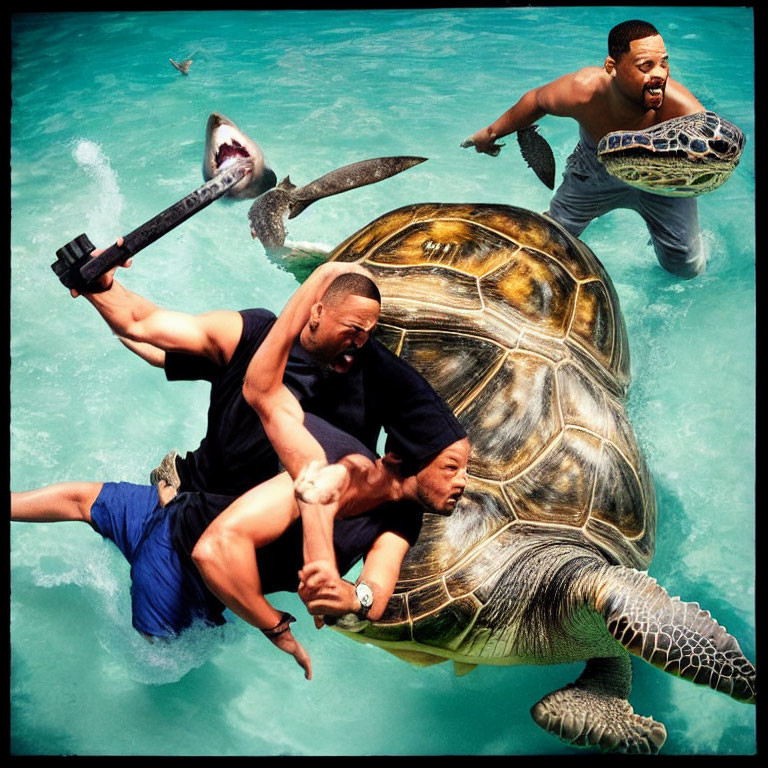 Animated characters ride giant turtle with weapon, shark in turquoise waters