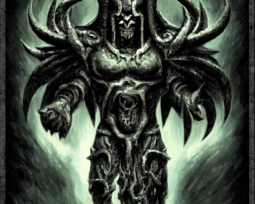 Dark and powerful figure with multiple horns and skull-like features