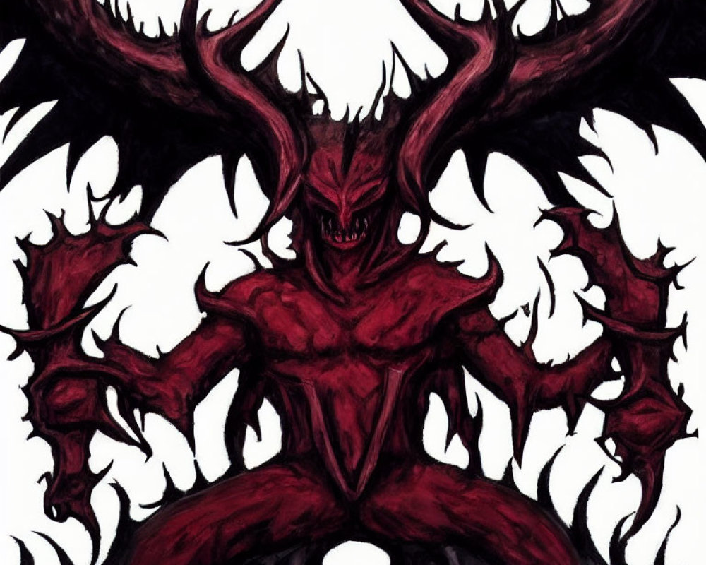 Sinister red and black demonic creature with horns and claws in dark flames.