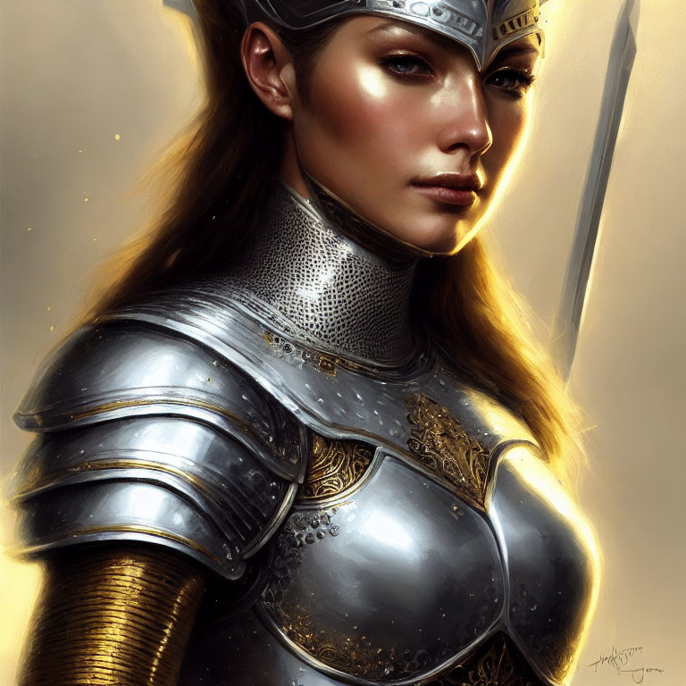 Digital artwork of woman in ornate medieval armor with helmet and golden tiara, showcasing noble warrior aura