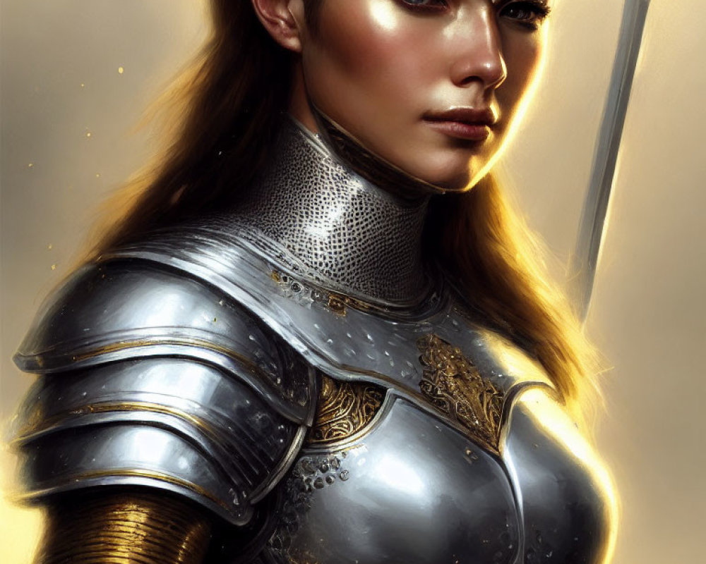 Digital artwork of woman in ornate medieval armor with helmet and golden tiara, showcasing noble warrior aura