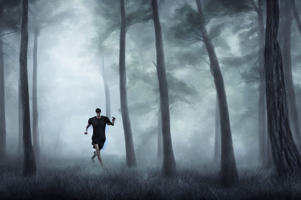 Person running through misty dense forest with tall trees