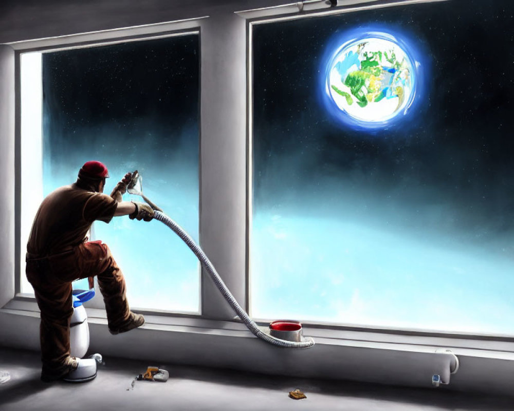 Person in red hat washes window showing Earth from space