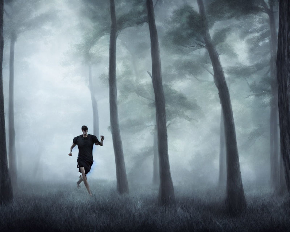 Person running through misty dense forest with tall trees