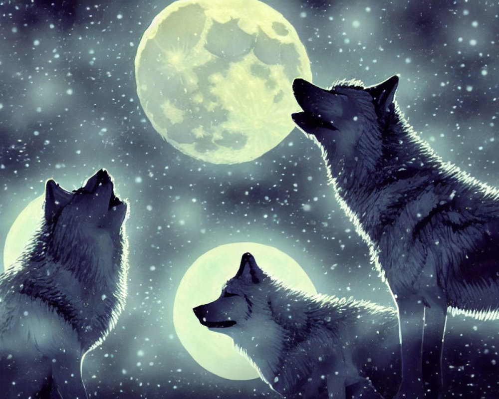 Three wolves howling under a full moon in starry night sky