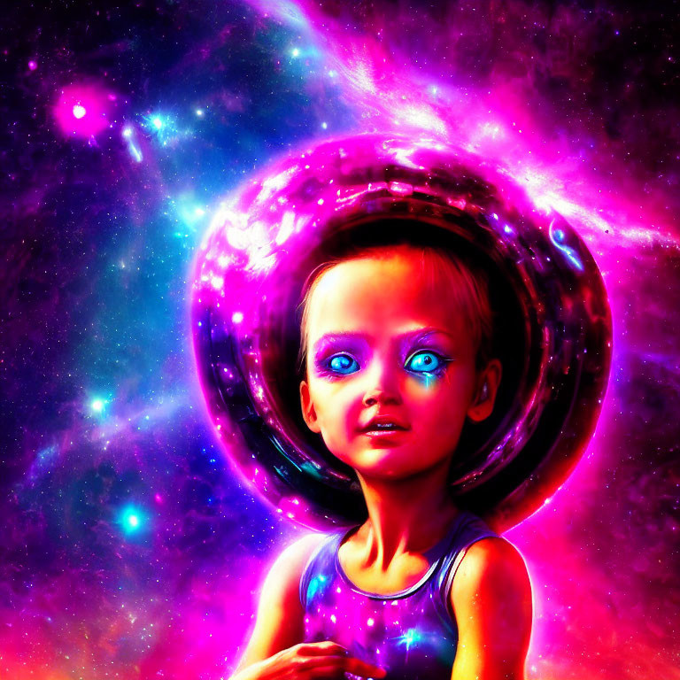 Child with Blue Eyes Surrounded by Galaxy Aura on Cosmic Background
