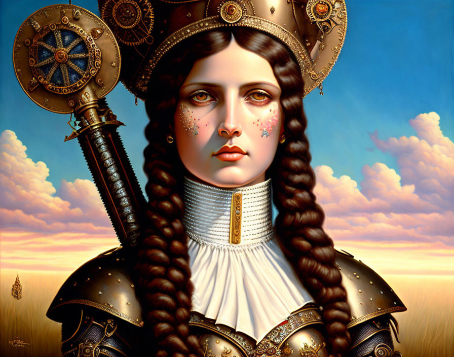 Surreal portrait of woman in stylized armor with mechanical elements under cloudy sky