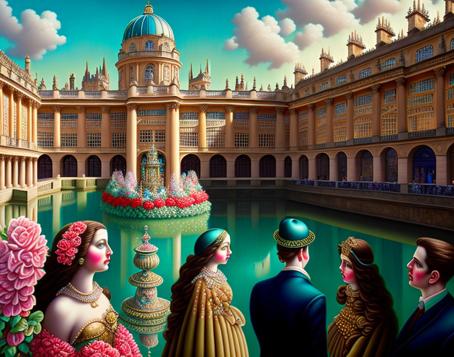 Vibrant illustration of people in regal attire by palace fountain