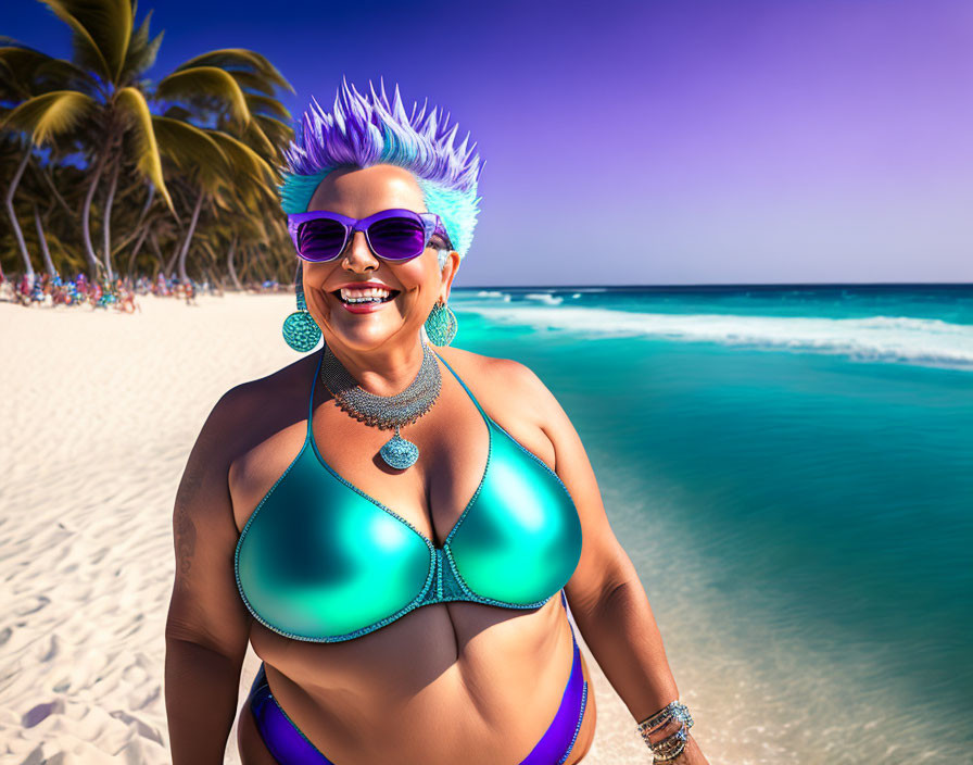 Blue-haired woman smiles on tropical beach with palm trees