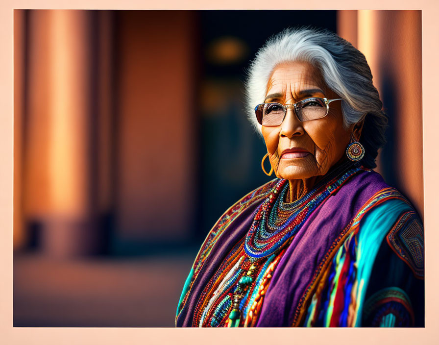 Elderly Woman in Colorful Traditional Attire and Glasses Gazes Sideways