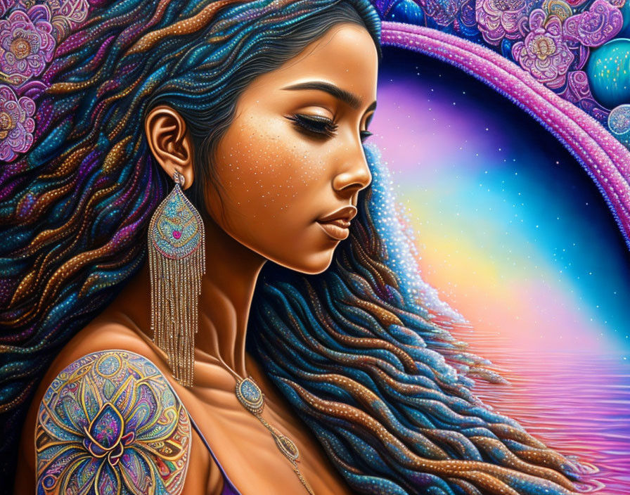 Colorful digital artwork of a woman with cosmic background and intricate jewelry patterns