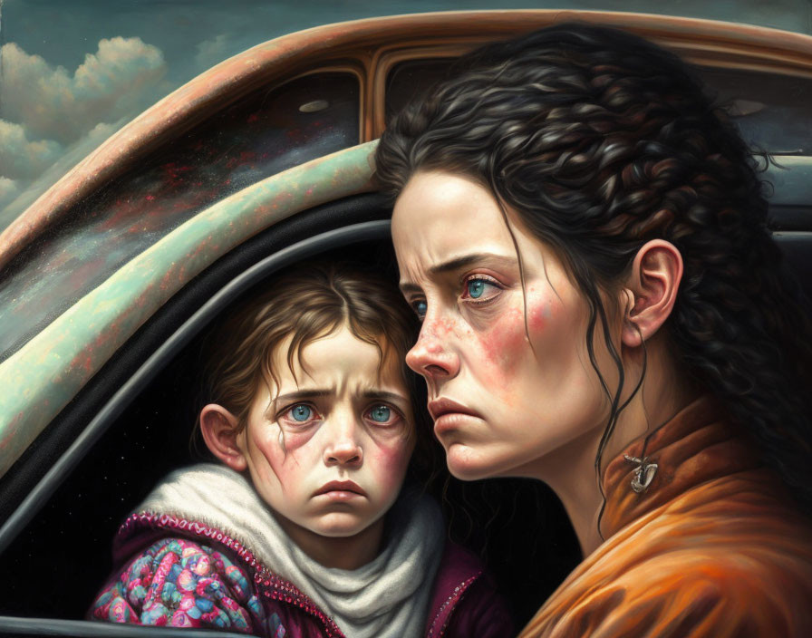 Digital painting: Worried woman and child in car, both looking anxious under cloudy sky