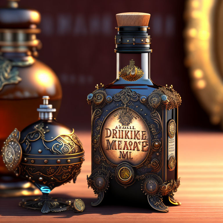 Vintage-style Liquor Bottle with Ornate Metalwork on Wooden Surface