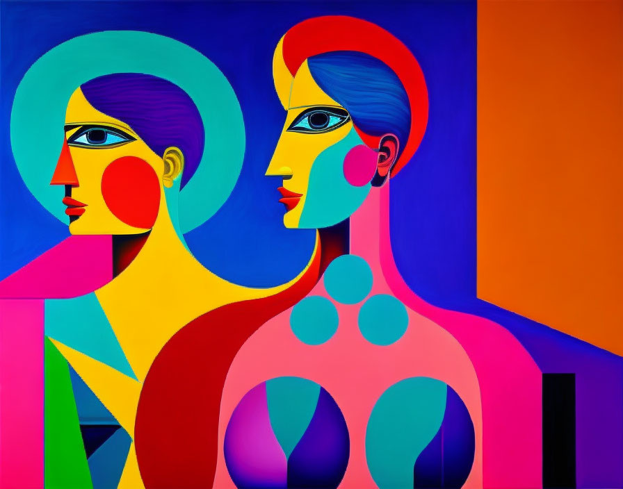 Vibrant abstract painting: stylized female figures, geometric shapes, bold colors