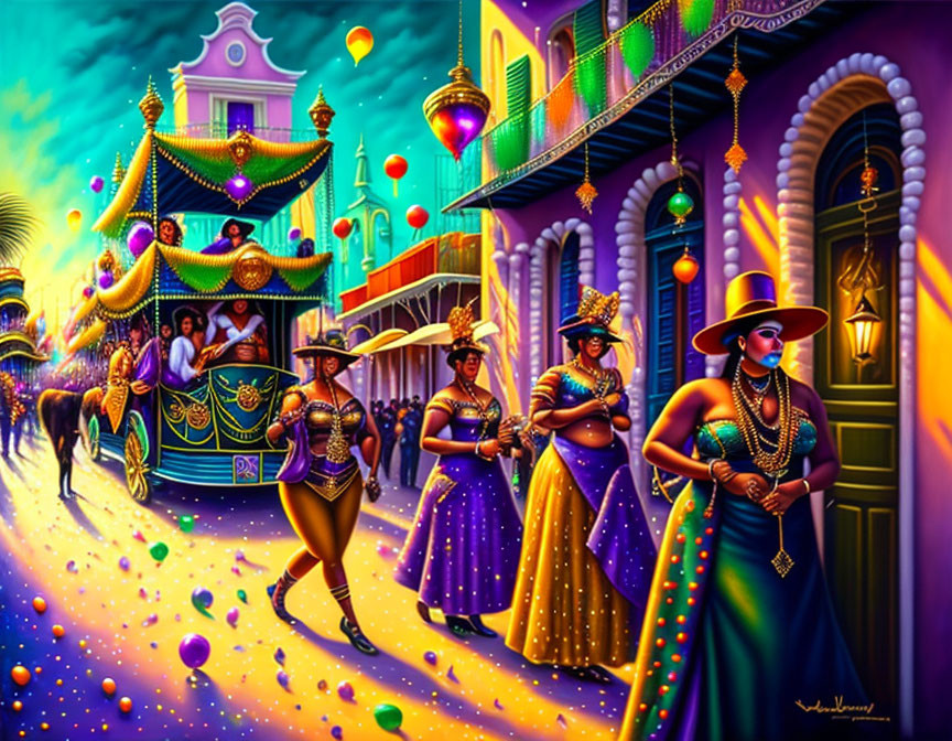 Colorful parade with musicians and revelers in purple and gold costumes marching down a festive street