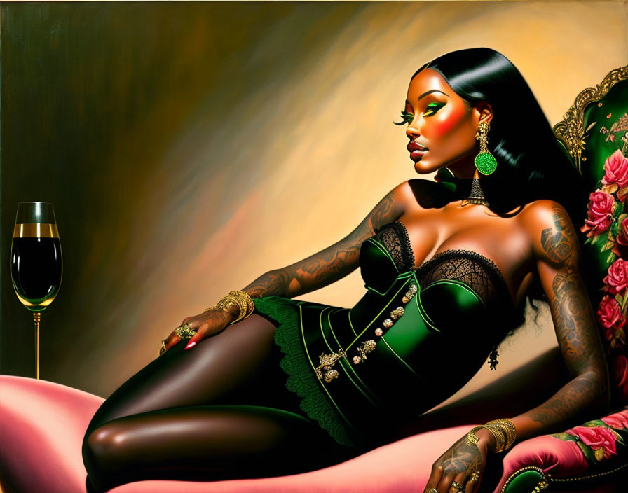 Digital artwork: Dark-skinned woman with tattoos, green outfit, and wine glass