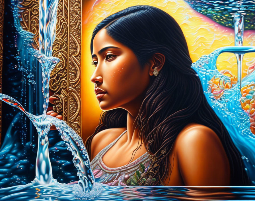 Artwork: Pensive woman surrounded by water and nature details