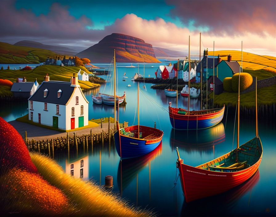 Colorful Buildings and Moored Boats in Serene Harbor Landscape