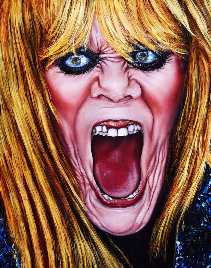 Vivid painting of person with long blonde hair and dark eye makeup screaming