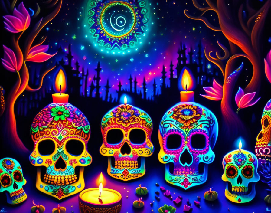 Colorful Day of the Dead Artwork with Sugar Skulls, Candles, and Celestial Background