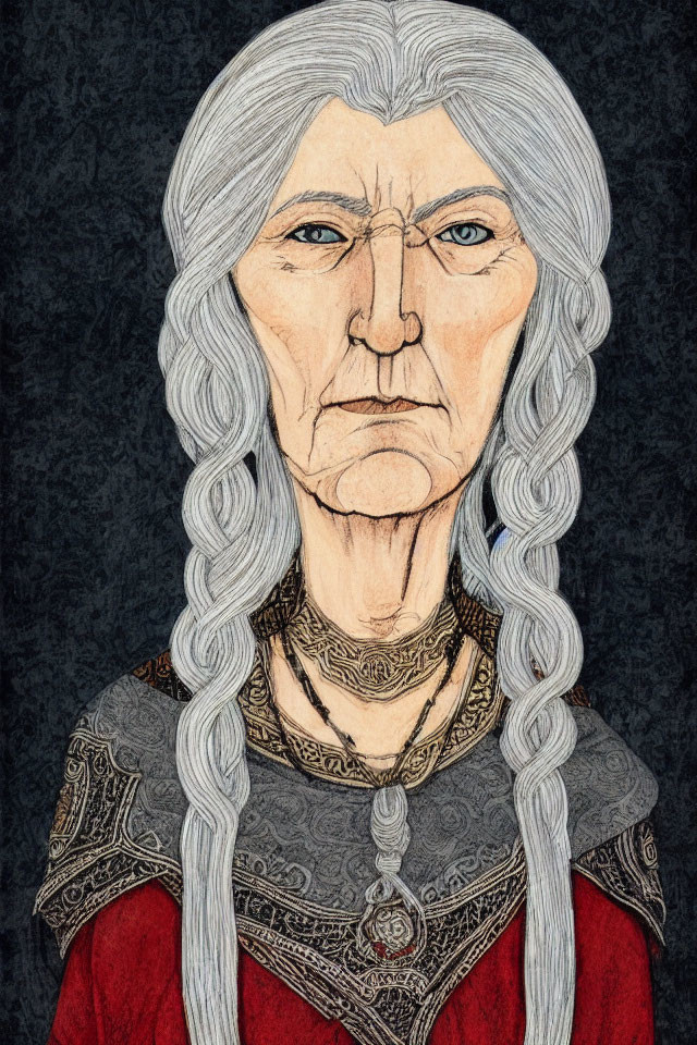 Elder woman with long gray hair in red and black medieval attire