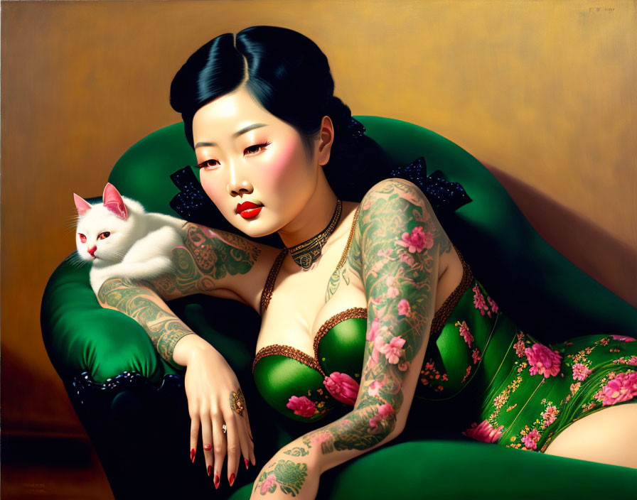 Hyperrealistic Painting of Woman with Tattoos on Green Sofa with White Cat