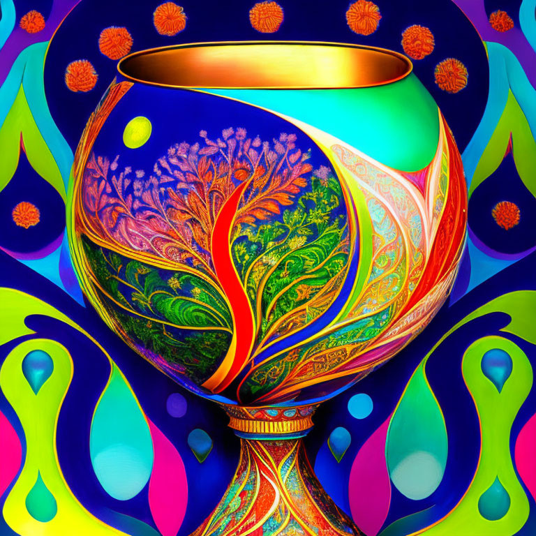 Colorful Psychedelic Artwork: Golden Glass Orb, Fractal Tree, Blue & Purple Background