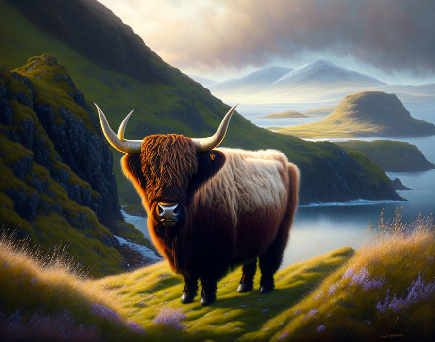 Highland cow on grassy hillside with purple flowers, serene lake, misty mountains