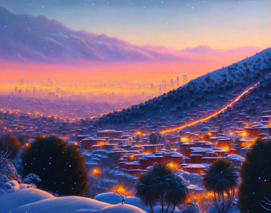 Snow-covered houses and palm trees in a winter dusk cityscape.