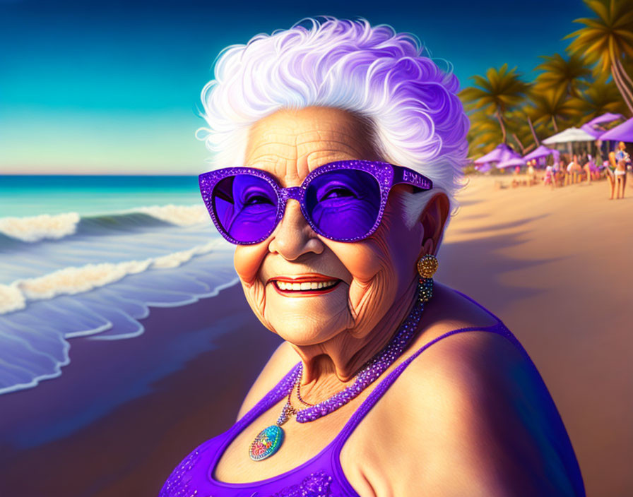 Elderly woman with white hair and purple sunglasses on sunny beach