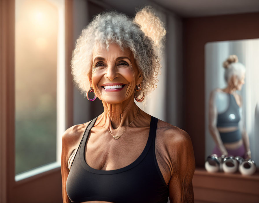 Elderly Woman Smiling Near Window with Dumbbells