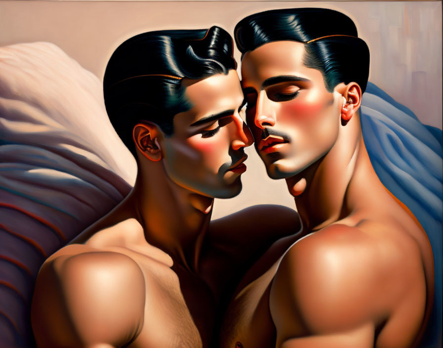 Stylized male figures with prominent hairstyles in warm color palette