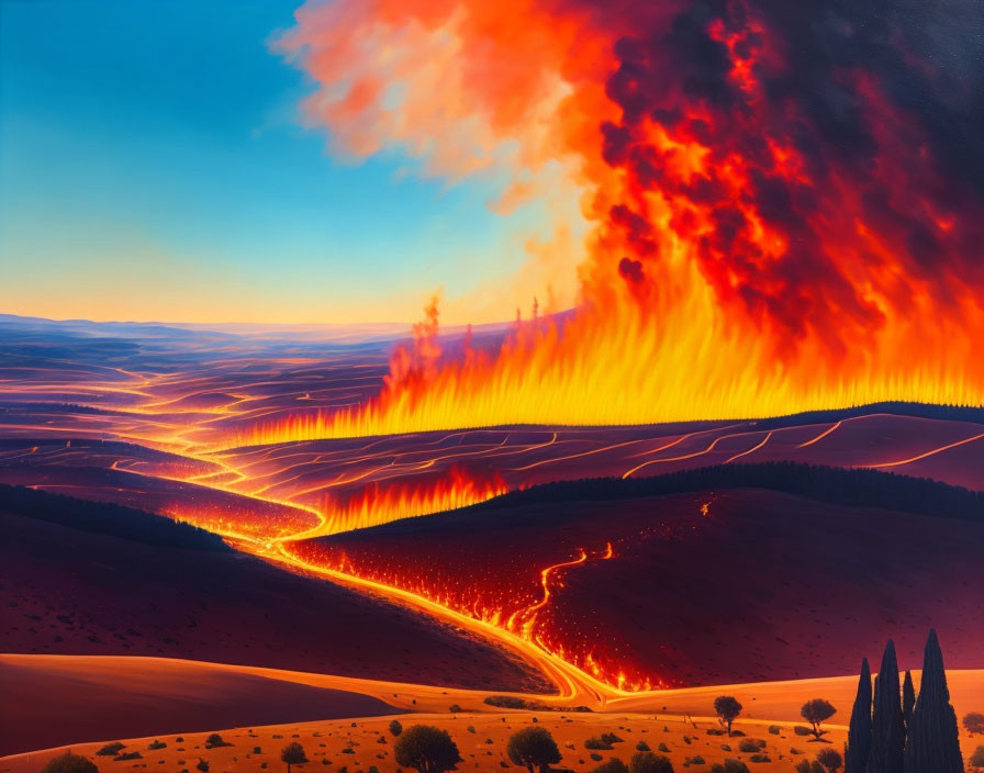 Massive wildfire consuming hilly landscape in vivid illustration