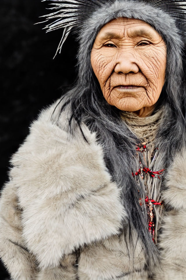 Elderly person in fur clothing and feathered headpiece gazes at camera