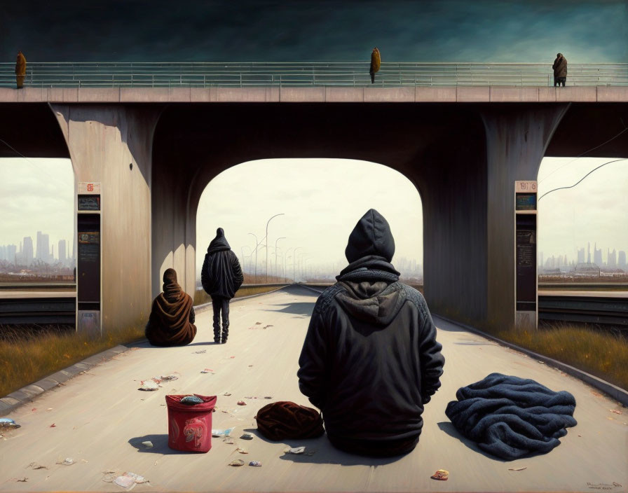 Figures with snail shell heads under bridge with city skyline, urban isolation.