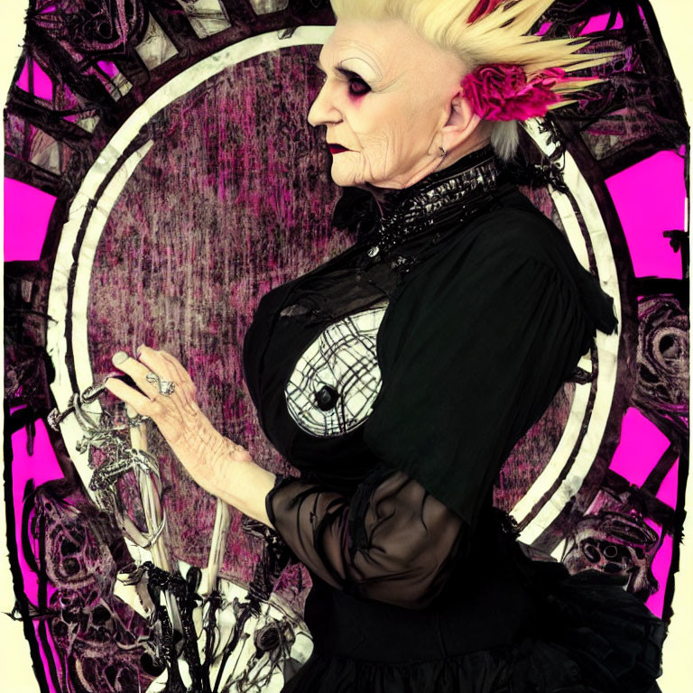 Stylized person in punk attire against circular backdrop