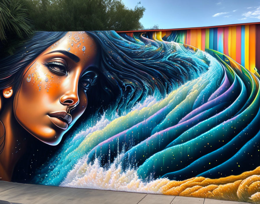 Colorful street mural of woman's face blending into cosmic wave and starry night sky