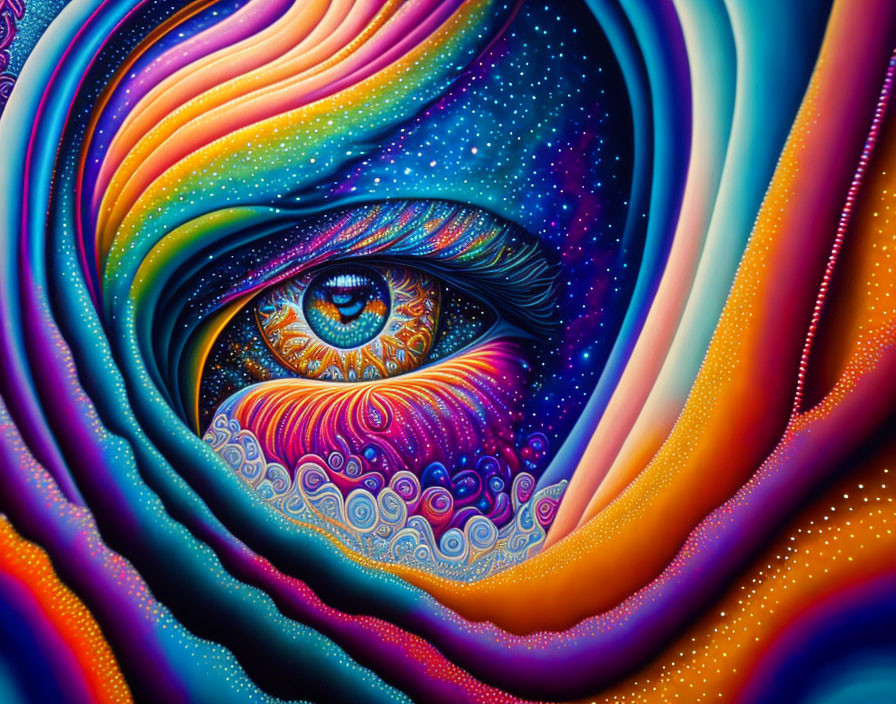 Colorful Psychedelic Eye Painting with Cosmic and Oceanic Motifs