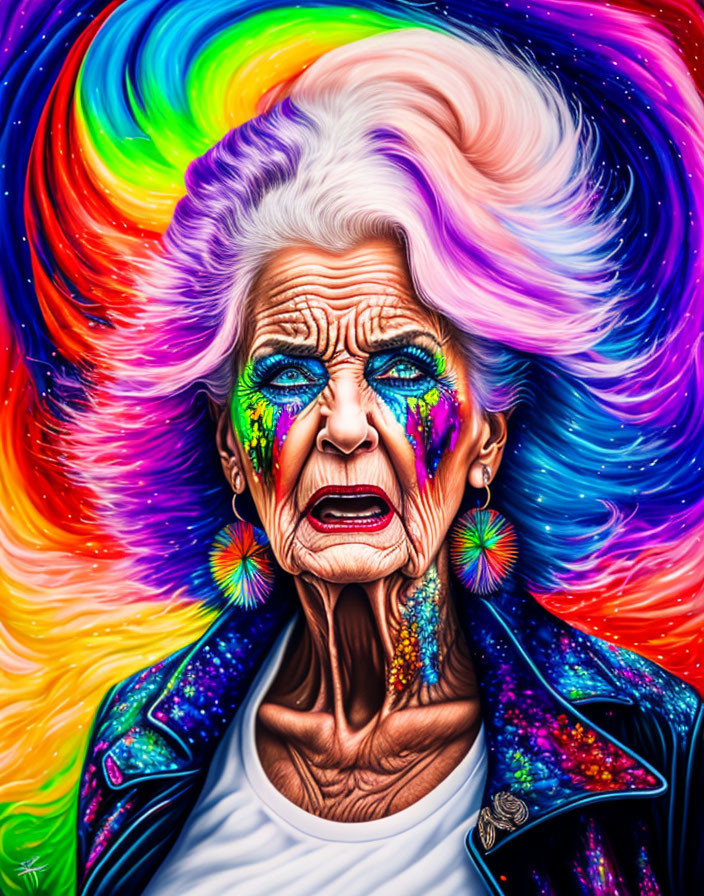 Elderly Woman with Rainbow Hair and Cosmic Jacket on Multicolored Background