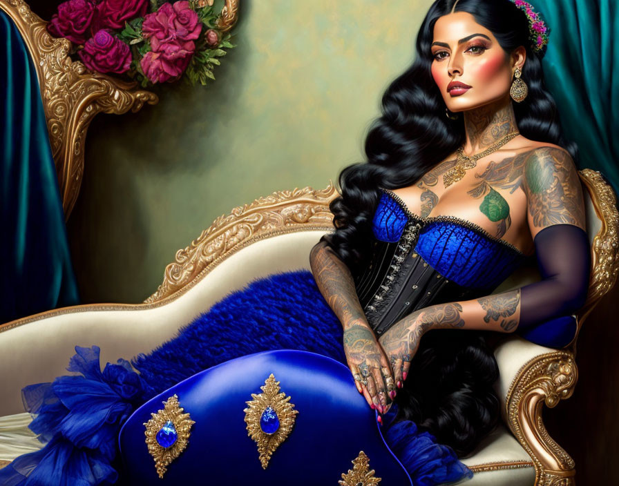 Illustration of woman with long black hair, tattoos, reclining on ornate couch with roses and