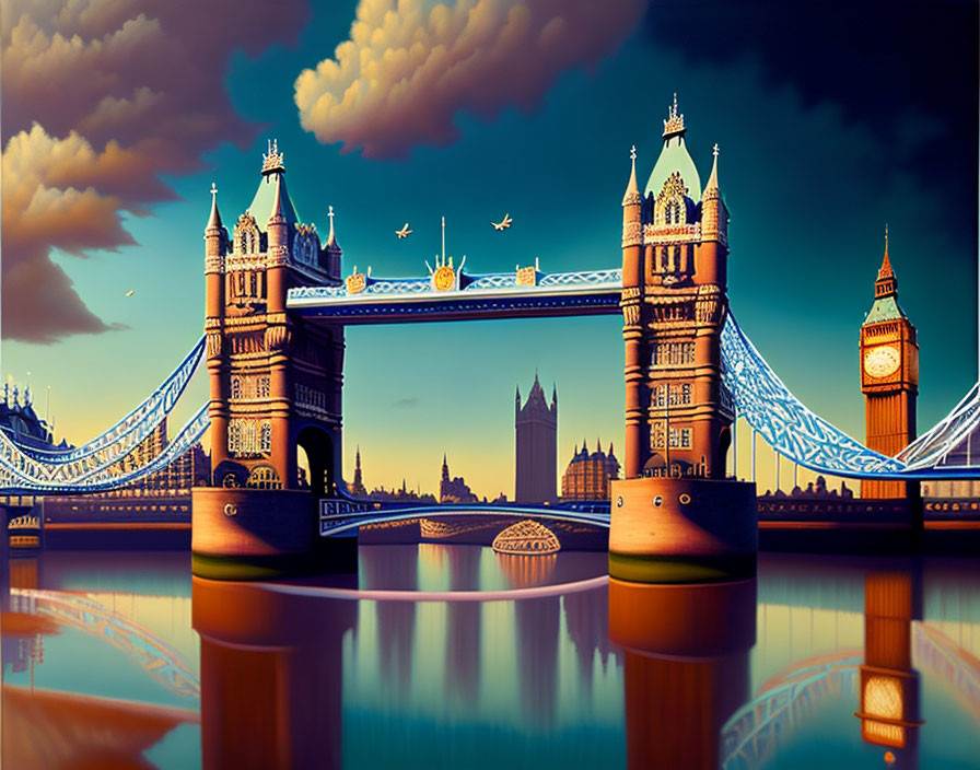 London's Tower Bridge and Big Ben at sunset with whimsical reflections and cloudy sky